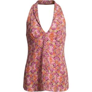 Bisou Bisou Michele Bohbot Womens Halter Top Pink Orange Foliage Print Small NWT